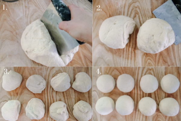 Sourdough bagel dough being shaped into 8 balls